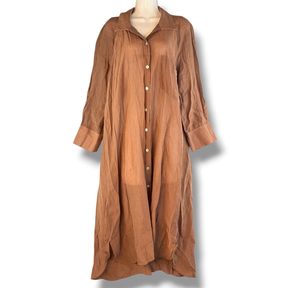 Zara Linen Shirt Midi Dress Relaxed Legalook Earthy Natural Minimalist Brown L